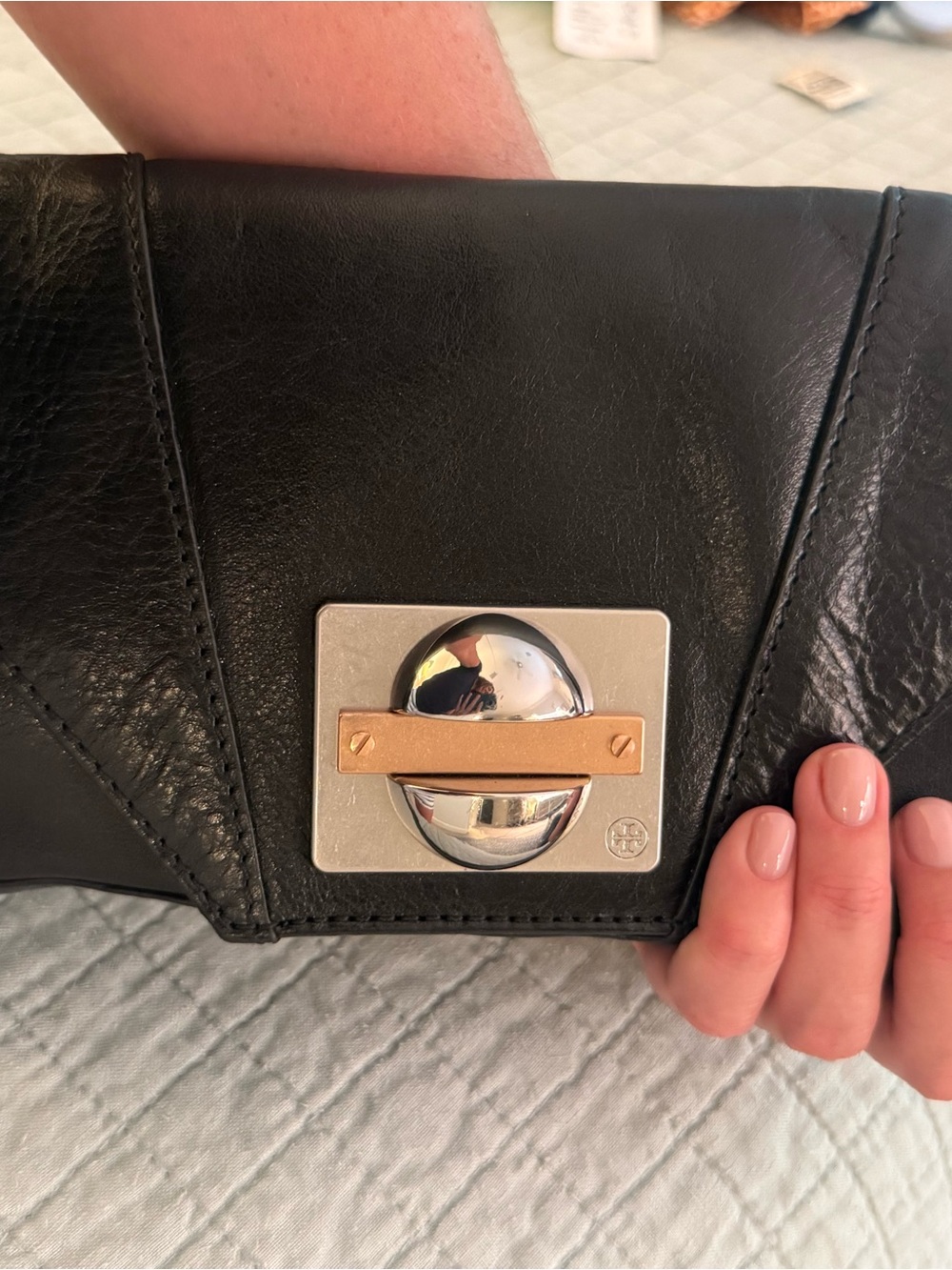 Tory Burch Black Leather Screwhead Clutch with Two-Tone Metal Turnlock